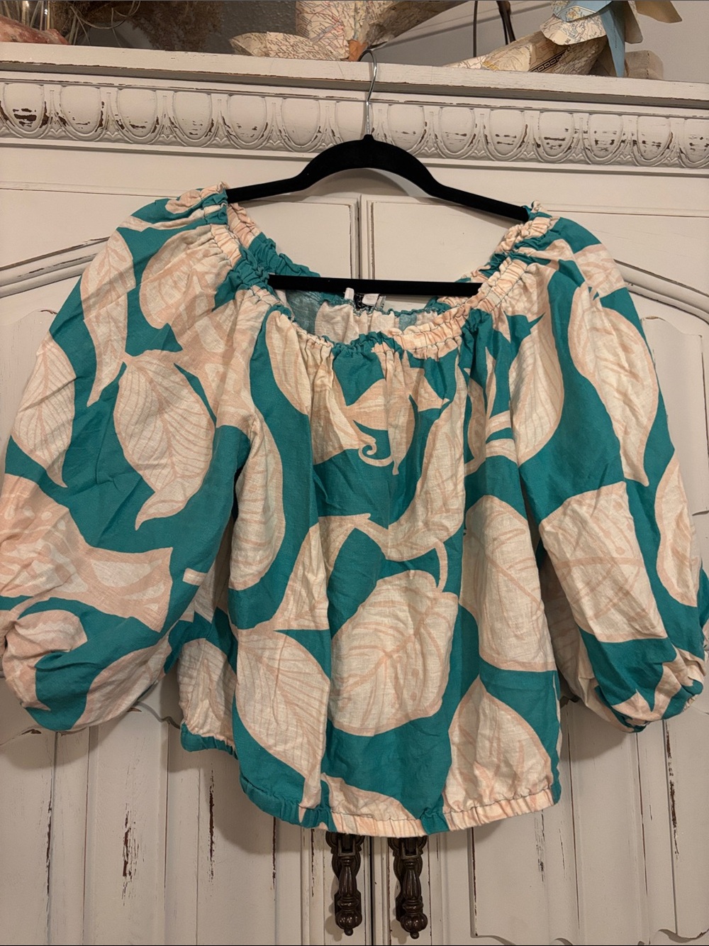 Rachel Zoe Teal and Cream Puff Sleeve Peasant Blouse